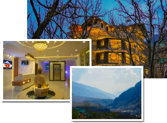Mountain view luxury hotel in Manali with elegant Buddha-themed lobby and scenic Himalayan landscape